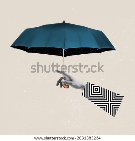 Protection. Minimalism, contemporary art collage. Inspiration, idea, trendy urban magazine style. Autumn mood, beauty and nature concept. Artwork. Composition with male hand and umbrella Royalty-Free Stock Photo #2031383234