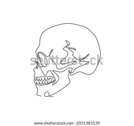 Single continuous line drawing black and white illustration of skull. Human head bone. Skeleton hand drawn tattoo design. Sketch anatomical skulls in side view. One line draw graphic design vector