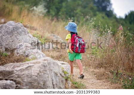 Cute preschool boy with backpack, walking in a mountain on a cloudy day, taking pictures of nature