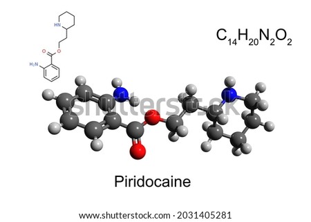 Chemical formula, skeletal formula and 3D ball-and-stick model of local ester anesthetic piridocaine, white background