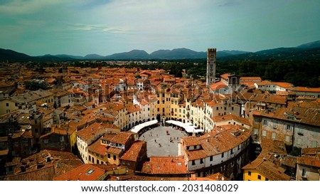 Aerial view of the main square Piazza Dell Anfiteatro in Lucca, Tuscany, Italy Royalty-Free Stock Photo #2031408029