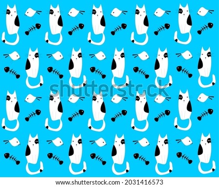 Vector of cat, fishbone, bird on a blue background. Cute background. Images cute animals