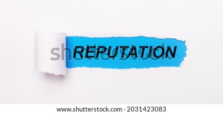 On a bright blue background, white paper with a torn stripe and the text REPUTATION