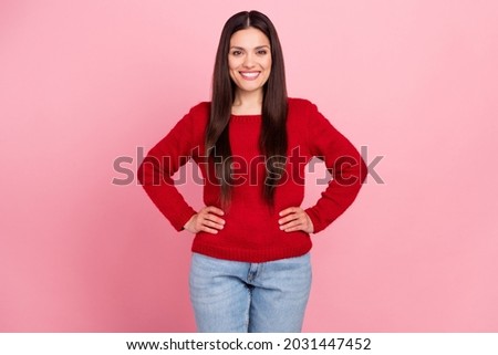 Photo of nice brunette lady wear red pullover jeans isolated on pink color background