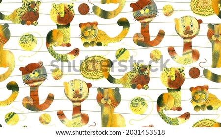 seamless pattern with the image of funny cats, tigers and leopards. Hand-drawn drawings with a watercolor texture. Surface design for fabric, wallpaper, wrapping paper, packaging, etc.