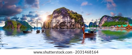 Scenic Phuket landscape.
Seascape and paradisiacal idyllic beach.Scenery Thailand sea and island.Adventures and exotic travel concept. Royalty-Free Stock Photo #2031468164