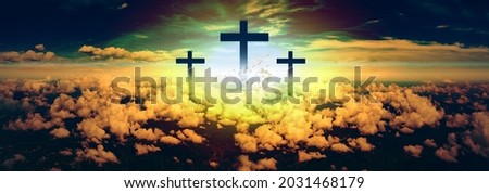 Illustration with cross of christ and people believers.Christian religion and Jesus.God concept.