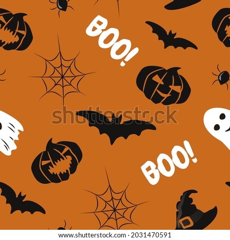 vector seamless pattern on the theme of halloween with pumpkins, ghosts, bats, spiders and spider webs on orange background. pattern in flat style for printing on fabric, wrapping paper