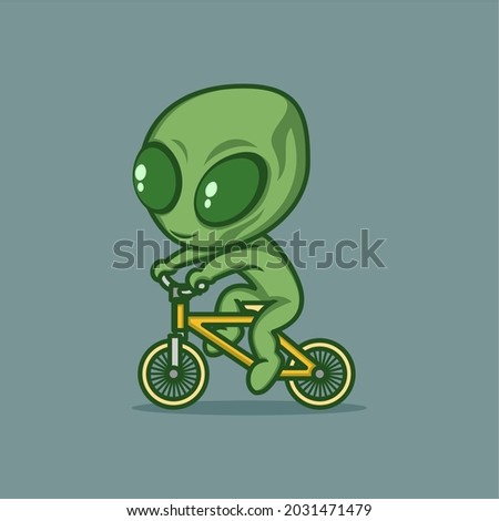 cute cartoon alien wearing a bicycle. vector illustration for mascot logo or sticker