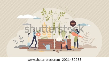 Organic farming as grow food with sustainable method tiny person concept. Plant harvesting using green and nature friendly manure vector illustration. Ecological agriculture for responsible local food Royalty-Free Stock Photo #2031482285
