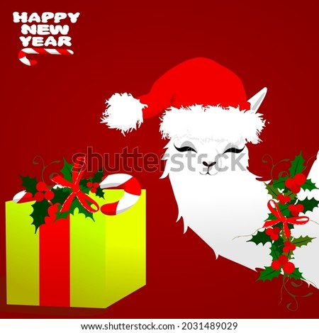 White llama, alpaca smiles in the red hat of Santa Claus. A yellow box with a lollipop. A wreath of holly leaves, berries and a bow. The inscription "happy new year". Greeting card with text. Red back