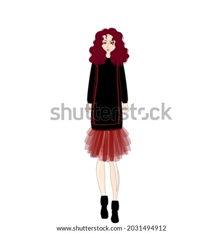 Vector of beautiful young woman. Stylish girl. Fashion model woman look. Handdrawn sketch. Vector illustration.