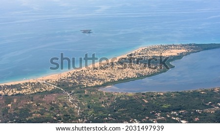 Aerial view of sandy southern coast of Corfu island with part of Korission lake