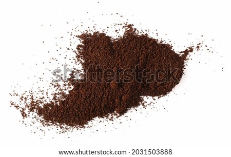 Ground, milled coffee for espresso isolated on white background, top view