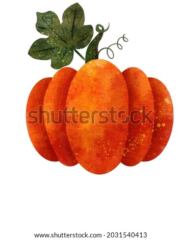 Orange textured large watercolor pumpkin with leaf. Illustration of autumn traditional vegetable isolated on white. Short green stem with foliage. Thanksgiving day, halloween, fall symbol decoration