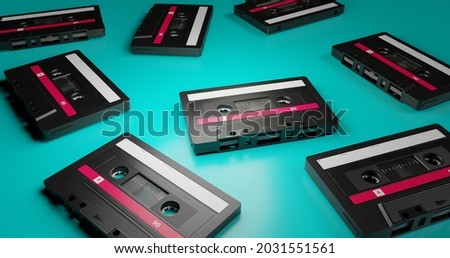 isolated background image of group of old classic cassette tape with blank label in vintage and retro audio recording and music storage concept
