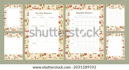 Set of weekly planner, monthly planner, note, memo, school scheduler templates with hand drawn cake, floral, and strawberry elements