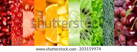 Healthy food background. Collection with different fruits, berries and vegetables Royalty-Free Stock Photo #203159974