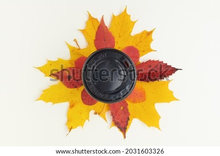 Hello autumn. autumn background with coffee cup and leaves on white background.