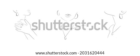 Cute minimalistic drawings of woman with jewelry - necklace on the neck, earrings in the ears. Graphic drawing in a linear style. Beauty and fashion.  Royalty-Free Stock Photo #2031620444