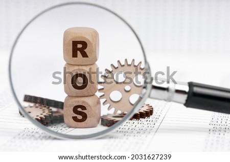 Business concept. There is a magnifying glass on the documents that points to the cubes with the inscription -ROS
