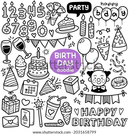 Doodle vector set: Birthday party objects and elements such as cake, clown, candle, gift, etc. Black and white line illustration