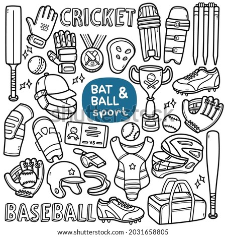 Doodle vector set: bat and ball sport equipments and objects such as baseball and cricket bat, glove, pad, shoe, body protection helmet, etc. Black and white line illustration