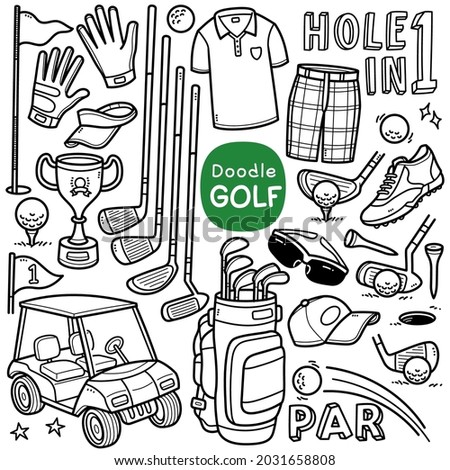 Doodle vector set: Golf sports equipment and objects such as golf driver, flagstick, glove, bag, etc. Black and white line illustration