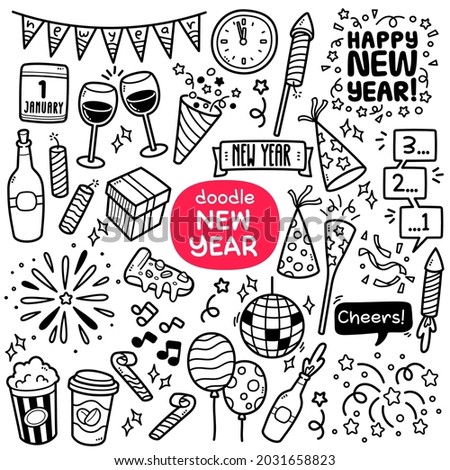 Doodle vector set: New year party related objects and elements such as fireworks, countdown, party, etc. Black and white line illustration