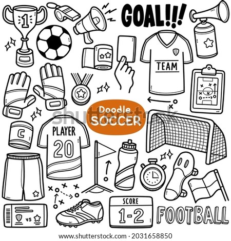 Doodle vector set: Soccer sport equipment and objects such as soccer ball, jersey, goal, score, etc. Black and white line illustration