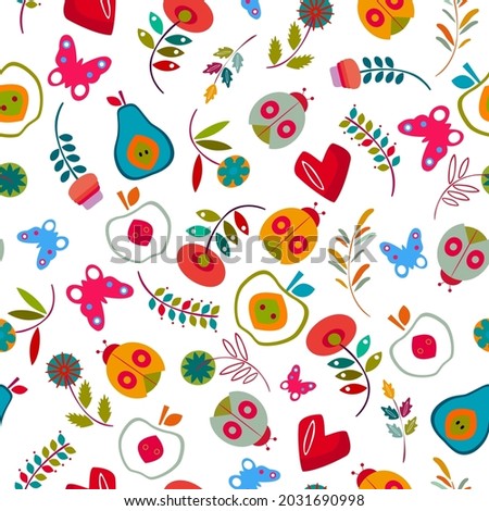 Cute drawing with cute flowers and insects. Small colorful flowers. White background. An elegant template for fashionable prints. Seamless pattern.