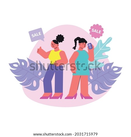 Shopping sale flat composition with two female characters talking on phone vector illustration
