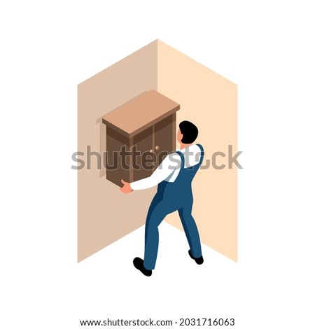 House renovation isometric icon with man in uniform hanging cupboard on wall vector illustration