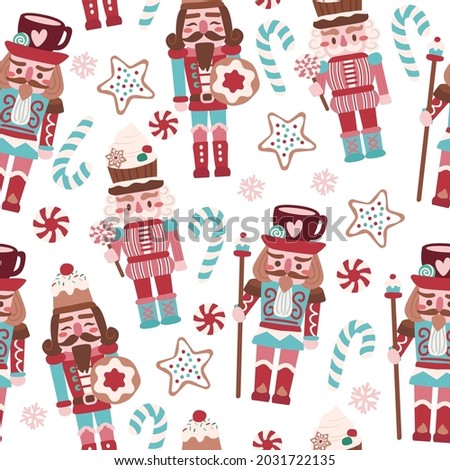 Holiday Christmas cute nutcracker, biscuits and sweets seamless pattern for fabric, linen, textiles and wallpaper