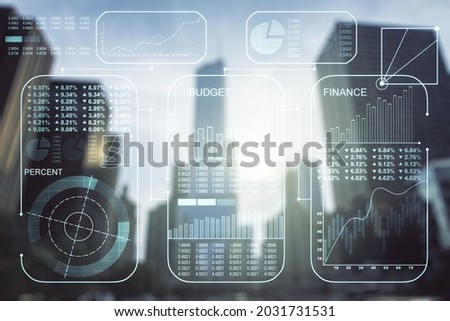 Multi exposure of stats data illustration on office buildings background, computing and analytics concept