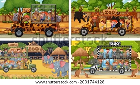 Set of different safari scenes with animals and kids cartoon character illustration