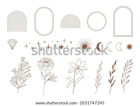 Set of minimal boho linear symbols. Celestial concept. Frame, arch, hands, florals, sun, stars and moon elements. Vector design collection for logo design, social media posts, stories. Branding. Royalty-Free Stock Photo #2031747245