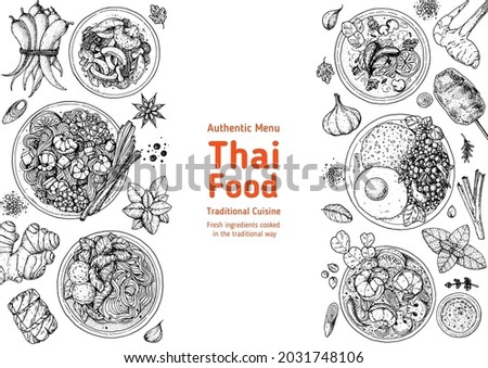 Thai food top view vector illustration. Food menu design template. Hand drawn sketch. Thai food menu. Vintage style. Pad thai, pad krapow gai, tom yum, tom kha gai, thai noodle soup Royalty-Free Stock Photo #2031748106