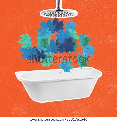 Contemporary art collage. Composition with bathtub and falling colored leaves. Inspiration, idea, trendy urban magazine style. Autumn mood, beauty and nature concept. Artwork. Blue and orange