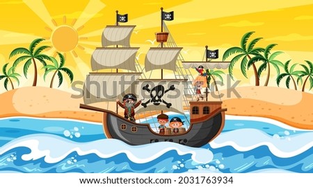 Beach at sunset time scene with pirate kids cartoon character on the ship  illustration