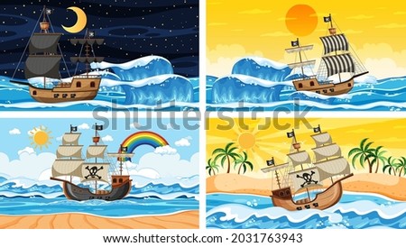 Set of different beach scenes with pirate ship illustration
