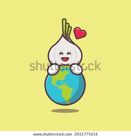 cute garlic huging earth. Vegetable world day. Vector isolated flat illustration for poster, brochure, web, mascot, sticker, logo and icon.