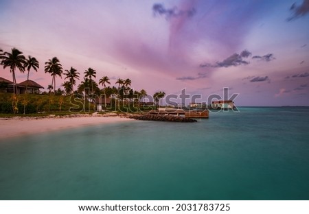 Palm trees on tropical coast at sunset. Maldives, june 2021. Long exposure picture
