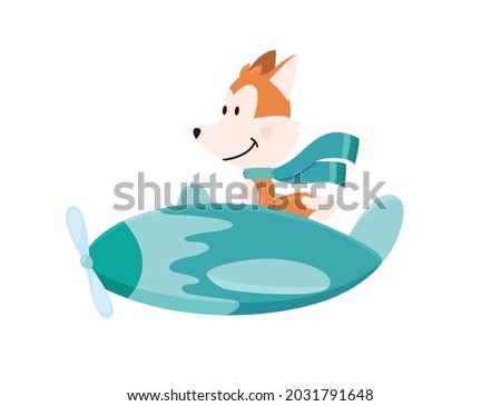 Cute fox flying an airplane with scarf fluttering. Funny pilot flying on planes. Cartoon  illustration isolated on a white background