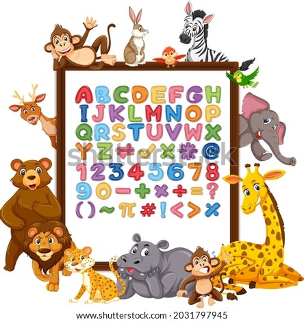 Alphabet A-Z and math symbols on a board with wild animals illustration
