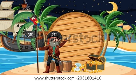 Pirate kids at the beach night scene with an empty wooden banner template illustration