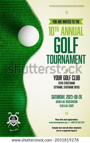 Golf tournament poster template with ball, grass texture and copy space for your text - vector illustration Royalty-Free Stock Photo #2031819278