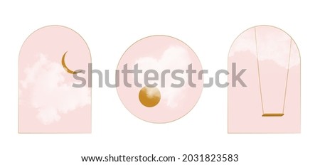 Golden moon in clouds on pink sky, Realistic heart-shape clouds, swing in the sky, Sun shining thru clouds Minimalistic arch composition vector set Gold monochrome minimalistic composition background  Royalty-Free Stock Photo #2031823583