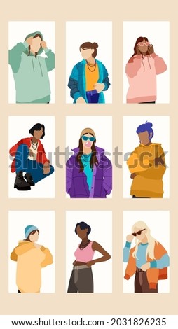 Set of hand drawn abstract woman faces in line art style, set of trendy posters, modern minimalism art, aesthetic contour
