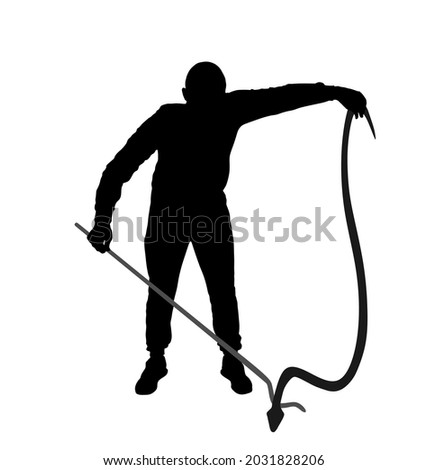 Brave man catching snake with stick vector silhouette illustration isolated on white background. Poison snake control. Deadly venom snake serpent catch for medicine pharmacy. Removal danger intruder.